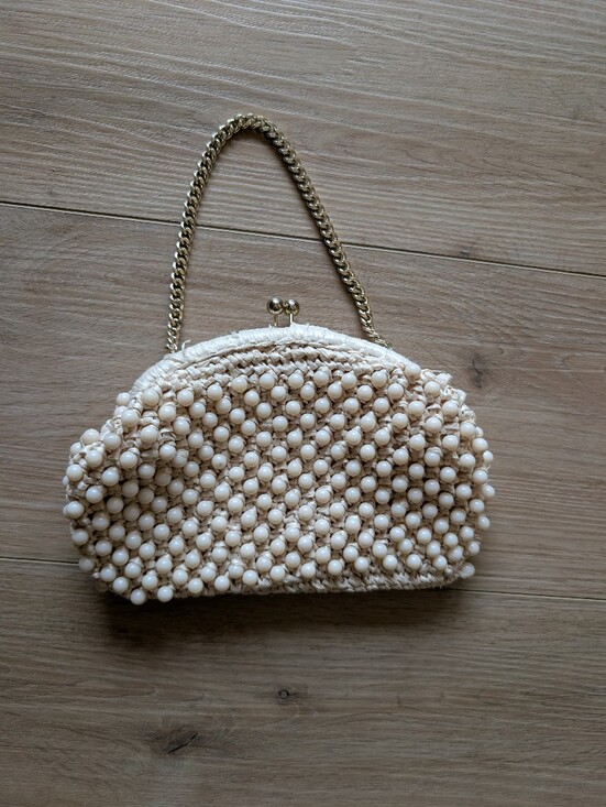 John Wind Handbags - Vintage Bag By Donna Cream Beaded Handbag with Gold Chain